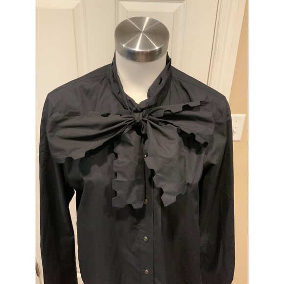 Tory Burch Black Scalloped Poplin  Bow Blouse Size 14 NWT Tie-Neck Preppy $498 - Picture 4 of 8